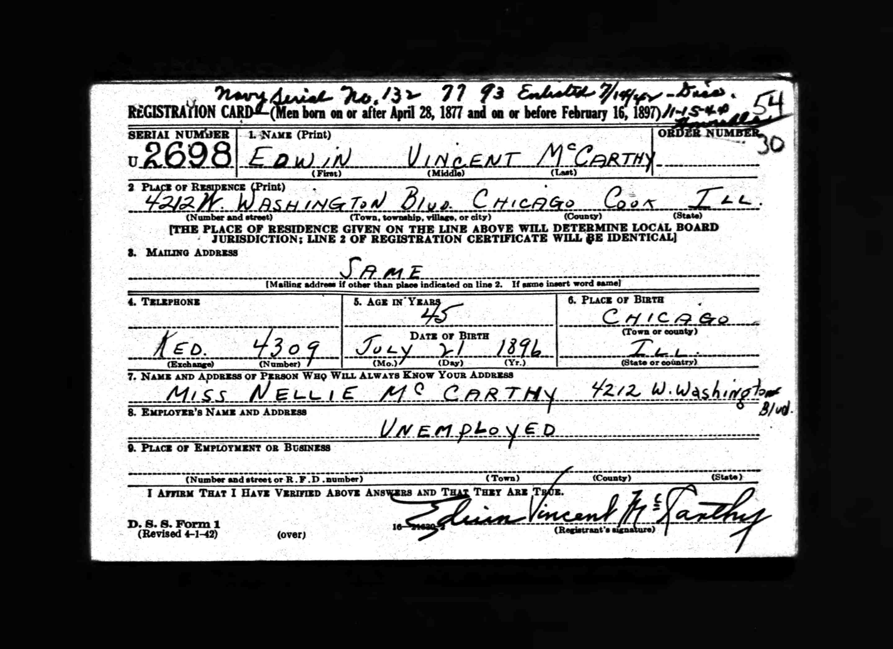 McCarthy-Anderson Genealogy - “U. S. World War II Draft Registration ...