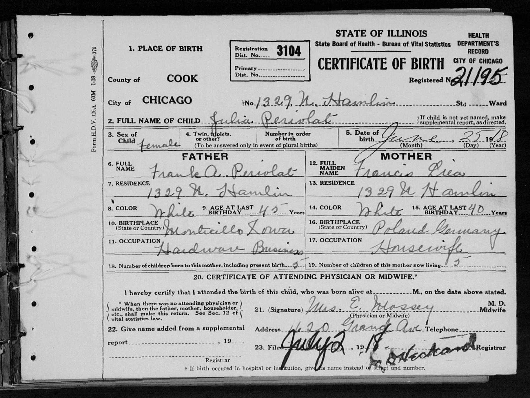 Periolat One-Name Study - “Illinois, Cook County Birth Certificates ...